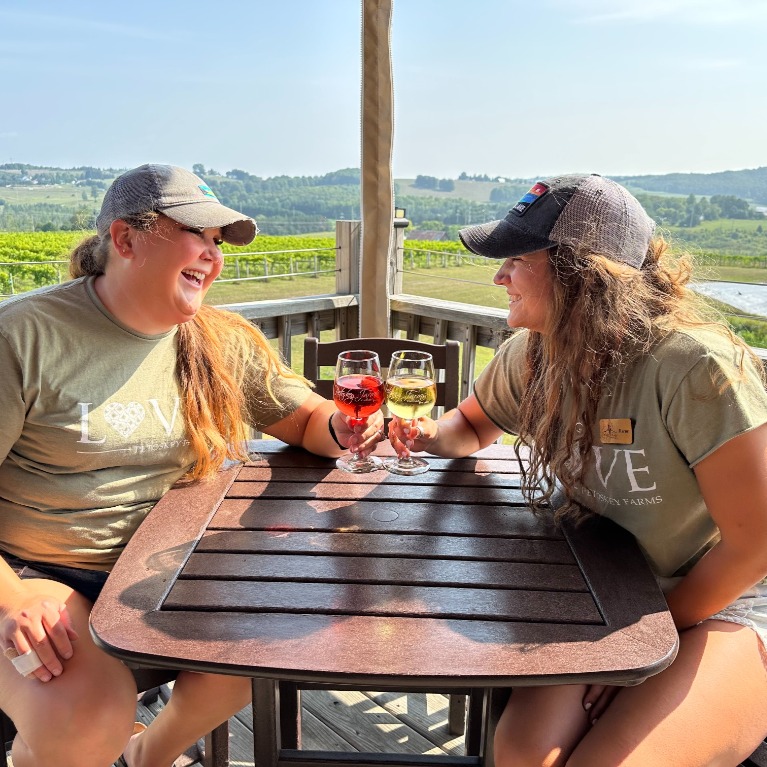 Two women cheers-ing glasses of wine in the winter.